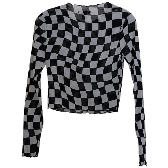 Forever 21 Sheer Mesh Checkered Top Long Sleeve Black White Small - Picture 3 of 6